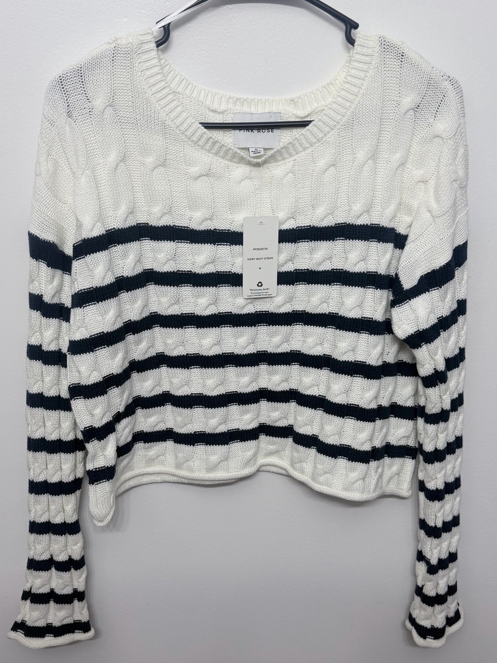 Pink Rose Cream and Navy Striped Cable Knit Sweater